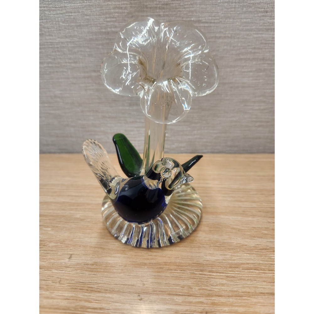 Vintage Blown Art Glass Blue Bird With Clear Flower Bud Vase On Clear Round Base